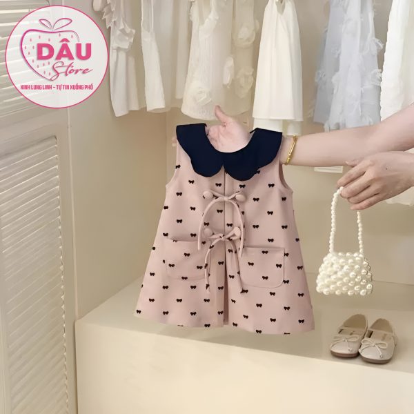 Váy Hồng Cổ Đen Nơ - Hàng QCCC