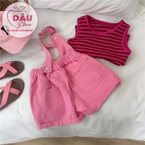 Set Yếm Hồng + Áo Balo Kẻ - Hàng QCCC